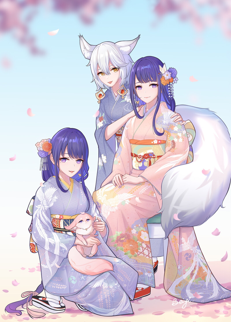 raiden shogun, yae miko, makoto, and kitsune saiguu (genshin impact) drawn by beiyi