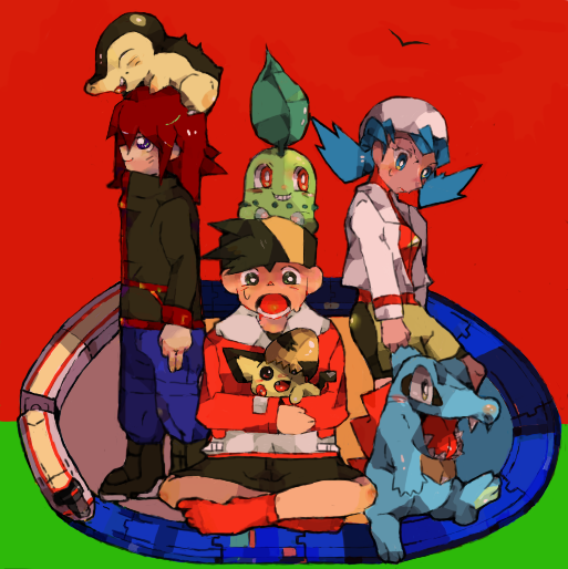 ethan, silver, kris, cyndaquil, chikorita, and 2 more (pokemon and 1 more) drawn by minminnyo