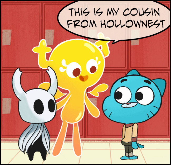 hollow knight, gumball watterson, and penny fitzgerald (hollow knight and 1 more) drawn by gato_del_futuro