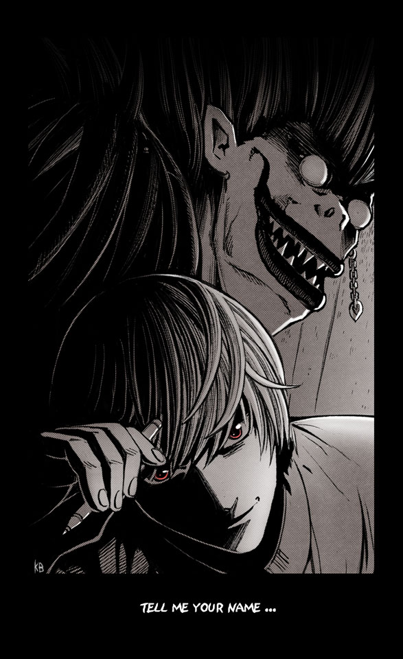 yagami light and ryuk (death note) drawn by karbo