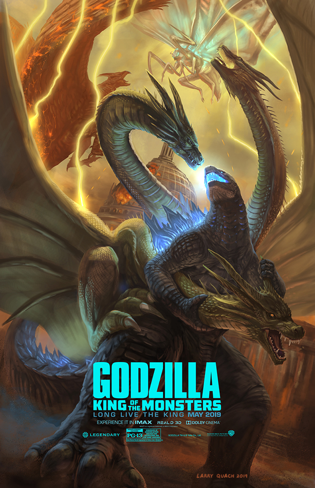 godzilla, king ghidorah, mothra, and rodan (monsterverse and 2 more) drawn by larry_quach