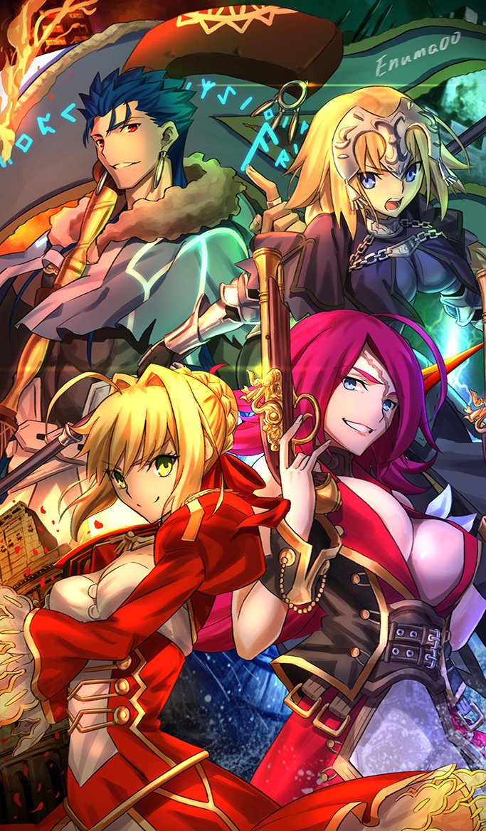 nero claudius, jeanne d'arc, cu chulainn, and francis drake (fate and 3 more) drawn by aora