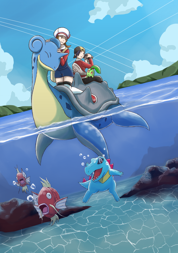 ethan, lyra, chikorita, totodile, lapras, and 1 more (pokemon and 1 more) drawn by vidolus