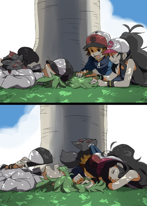 hilda, hilbert, n, and zorua (pokemon and 1 more) drawn by sugi_(sumisugi)