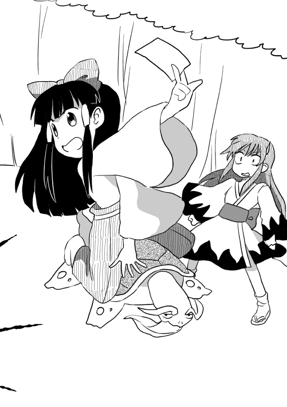 hakurei reimu, meira, and genjii (touhou) drawn by hachi_(8bit_canvas)