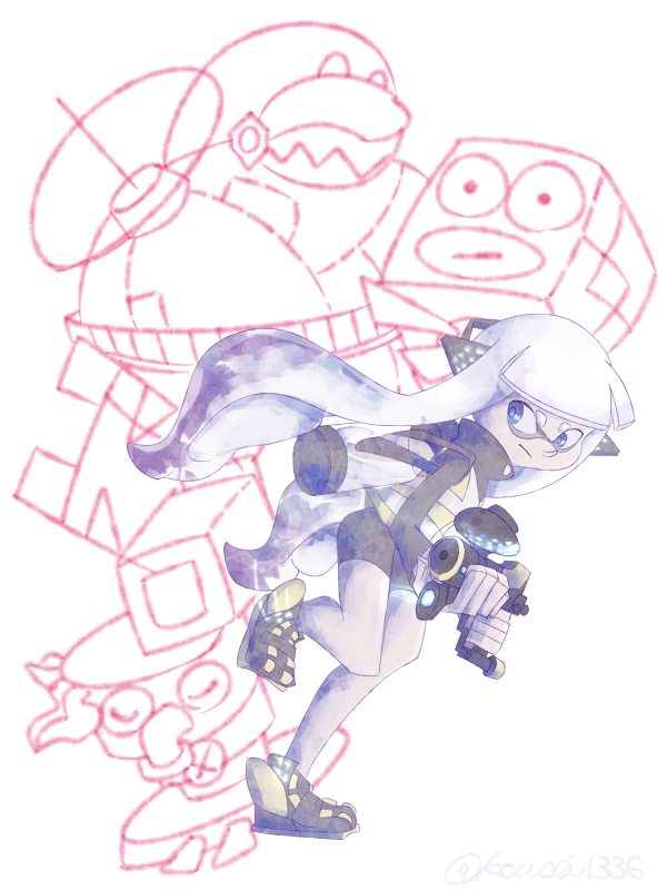 inkling player character, inkling girl, agent 3, octostomp, octowhirl, and 2 more (splatoon and 1 more) drawn by teruo_(sento1336)