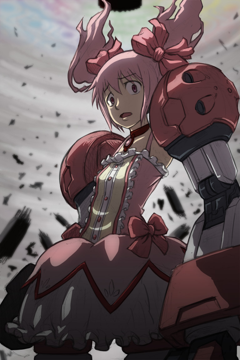 kaname madoka, walpurgisnacht, gundam age-1, and gundam age-1 titus (mahou shoujo madoka magica and 2 more) drawn by jigoku_inu