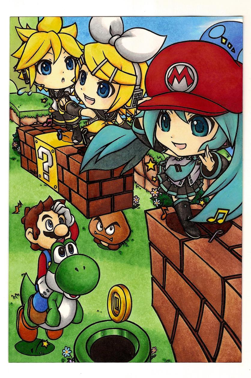 hatsune miku, kagamine rin, kagamine len, mario, yoshi, and 1 more (vocaloid and 1 more) drawn by kandori_makoto