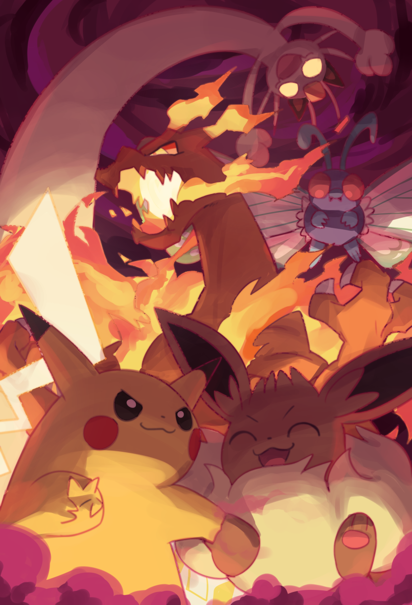 pikachu, eevee, charizard, meowth, butterfree, and 5 more (pokemon and 1 more) drawn by makoto_ikemu