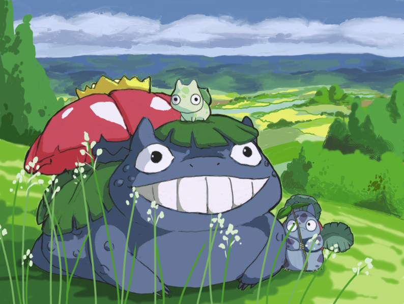 bulbasaur, ivysaur, venusaur, and totoro (pokemon and 1 more) drawn by piscimancy