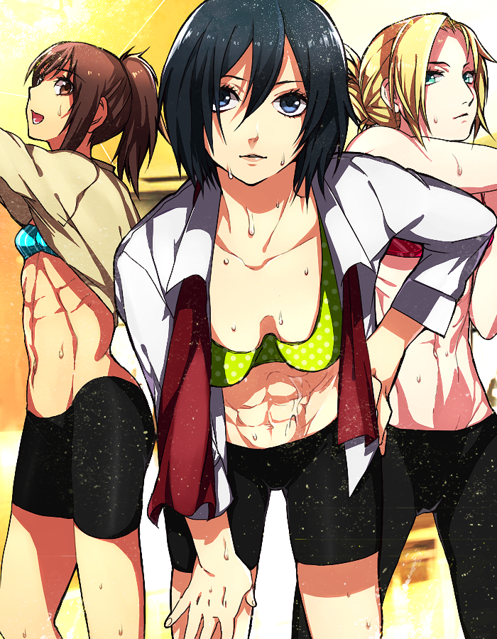 mikasa ackerman, annie leonhart, and sasha blouse (shingeki no kyojin) drawn by blauer_grotte