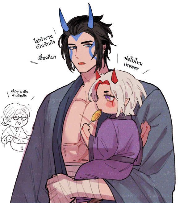 arataki itto, takuya, and granny oni (genshin impact) drawn by singtou