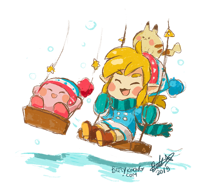 link, pikachu, and kirby (pokemon and 4 more) drawn by bettykwong