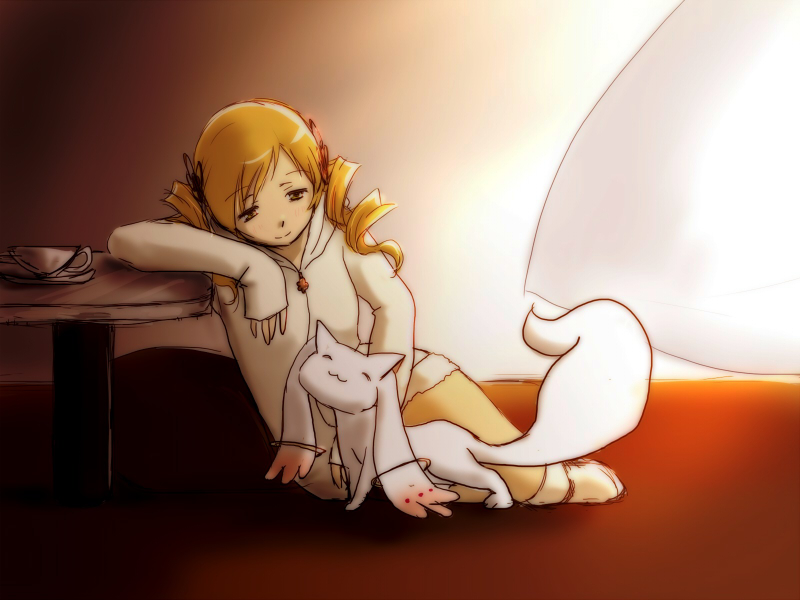 tomoe mami and kyubey (mahou shoujo madoka magica) drawn by ririko_deluxe