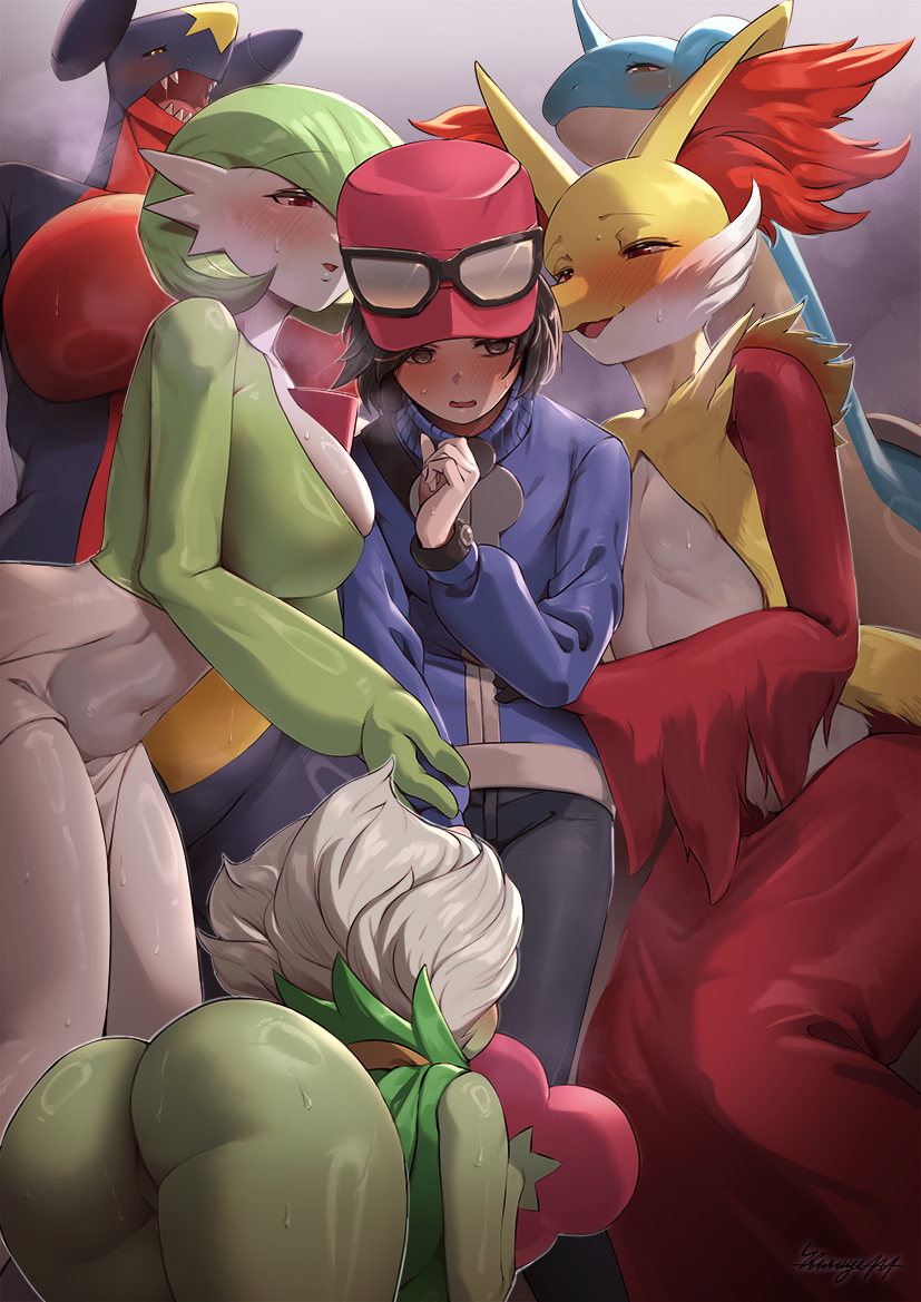 gardevoir, calem, garchomp, lapras, delphox, and 1 more (pokemon and 1 more) drawn by kurage444