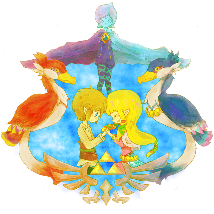 link, princess zelda, fi, and loftwing (the legend of zelda and 1 more) drawn by mikazuki_moon