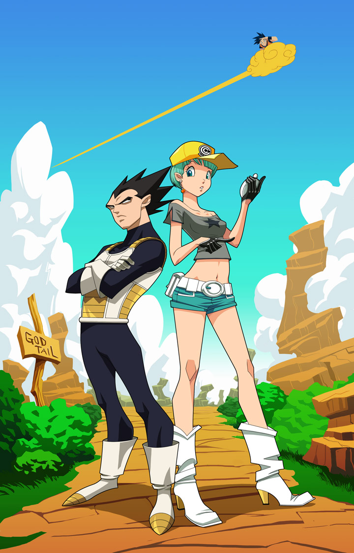 son goku, vegeta, and bulma (dragon ball and 1 more) drawn by godtail