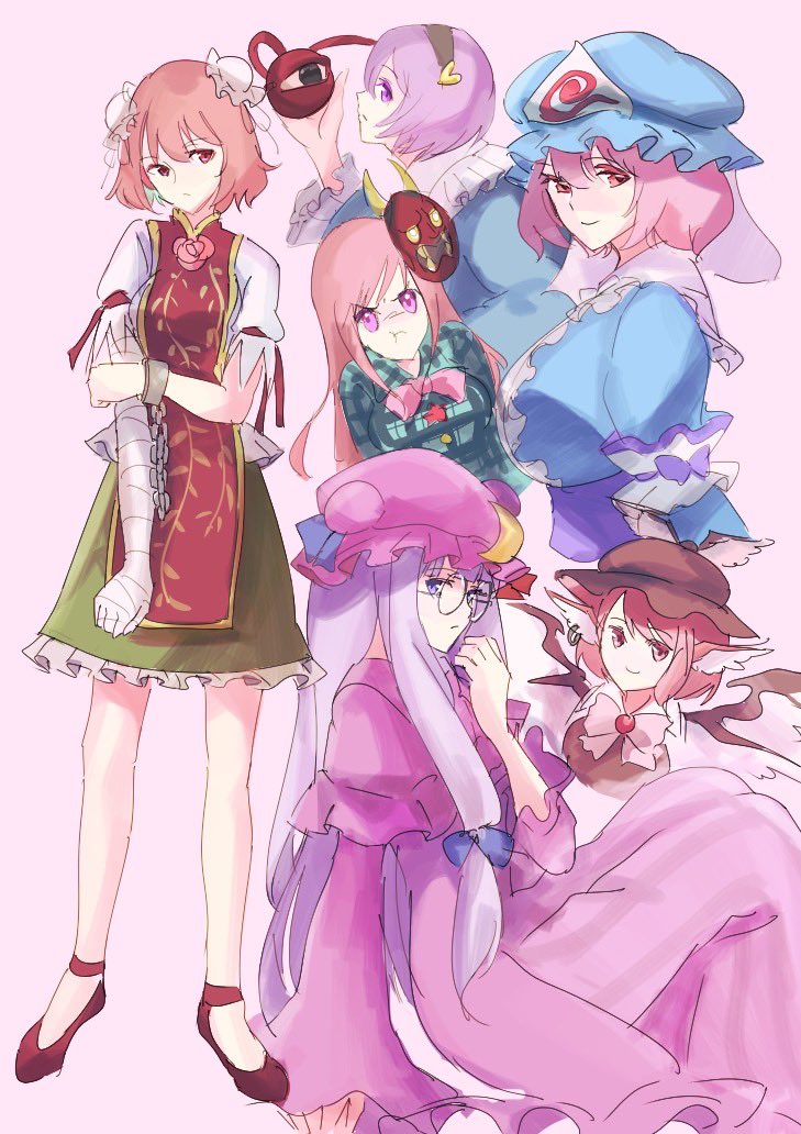 patchouli knowledge, komeiji satori, saigyouji yuyuko, mystia lorelei, hata no kokoro, and 1 more (touhou) drawn by tohoyuukarin