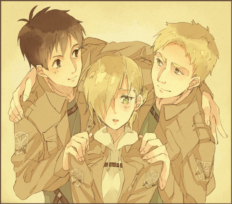 reiner braun, annie leonhart, and bertolt hoover (shingeki no kyojin) drawn by tsubonari