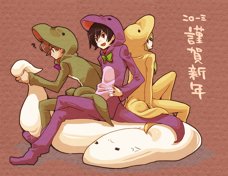 c.c., lelouch vi britannia, and kururugi suzaku (code geass) drawn by mecco