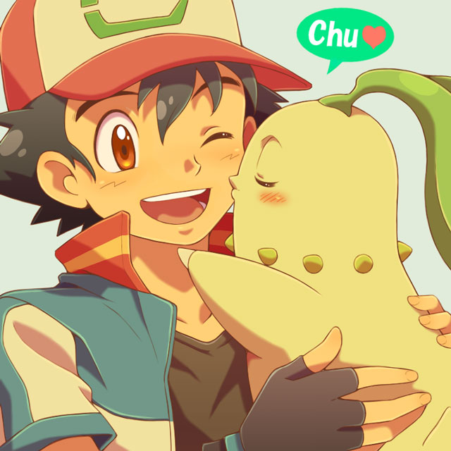 ash ketchum and chikorita (pokemon and 1 more) drawn by cyaneko