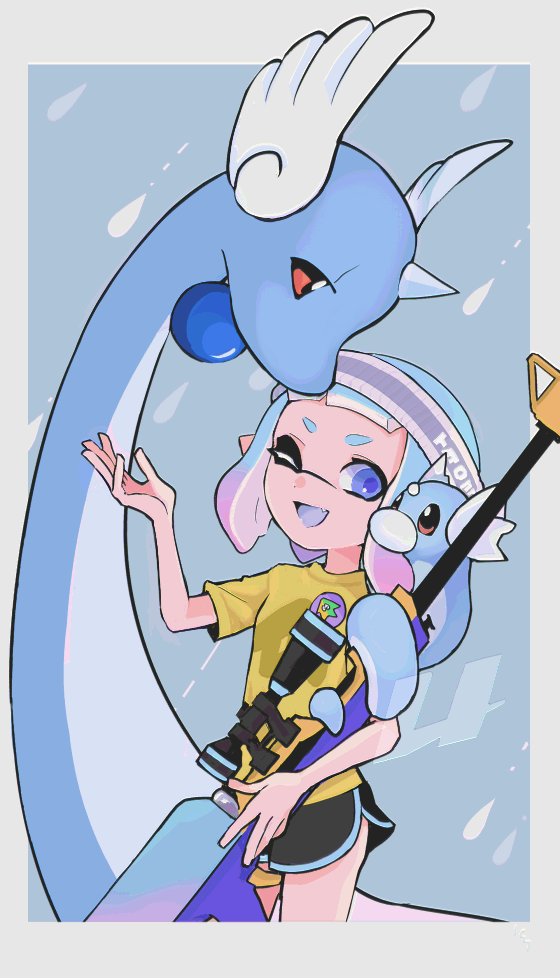 inkling player character, inkling girl, dragonair, and dratini (pokemon and 1 more) drawn by imaikuy0