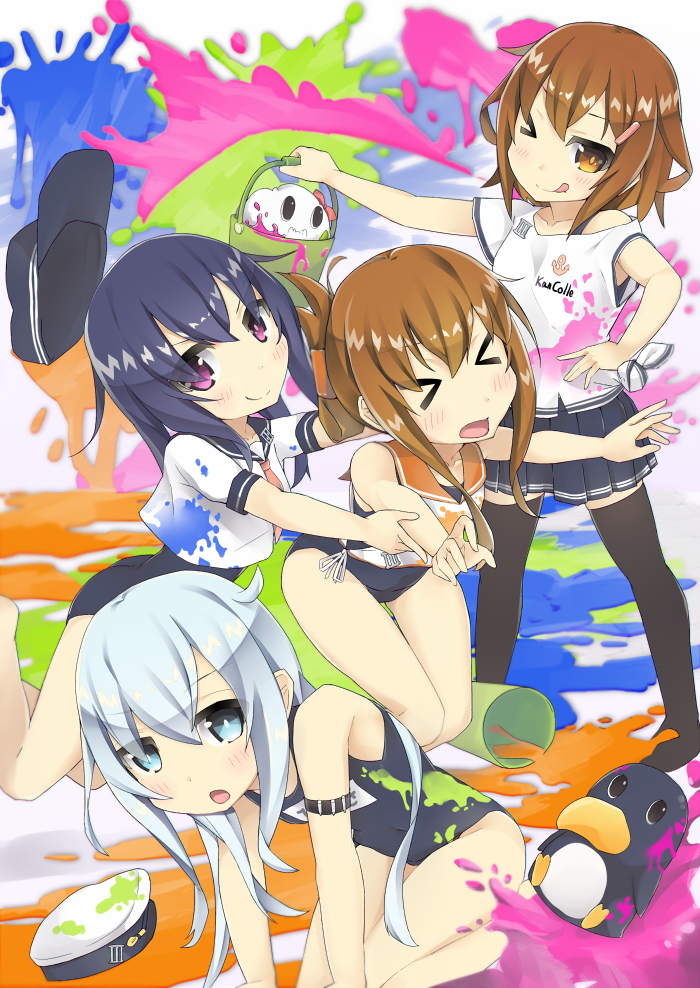 hibiki, inazuma, ikazuchi, akatsuki, failure penguin, and 1 more (kantai collection) drawn by kureha_(angelite)