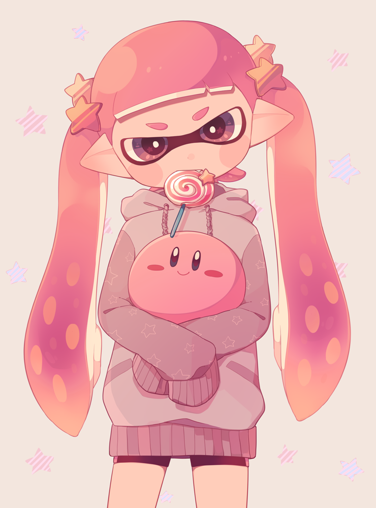 inkling player character, inkling girl, and kirby (splatoon and 1 more) drawn by ma-to