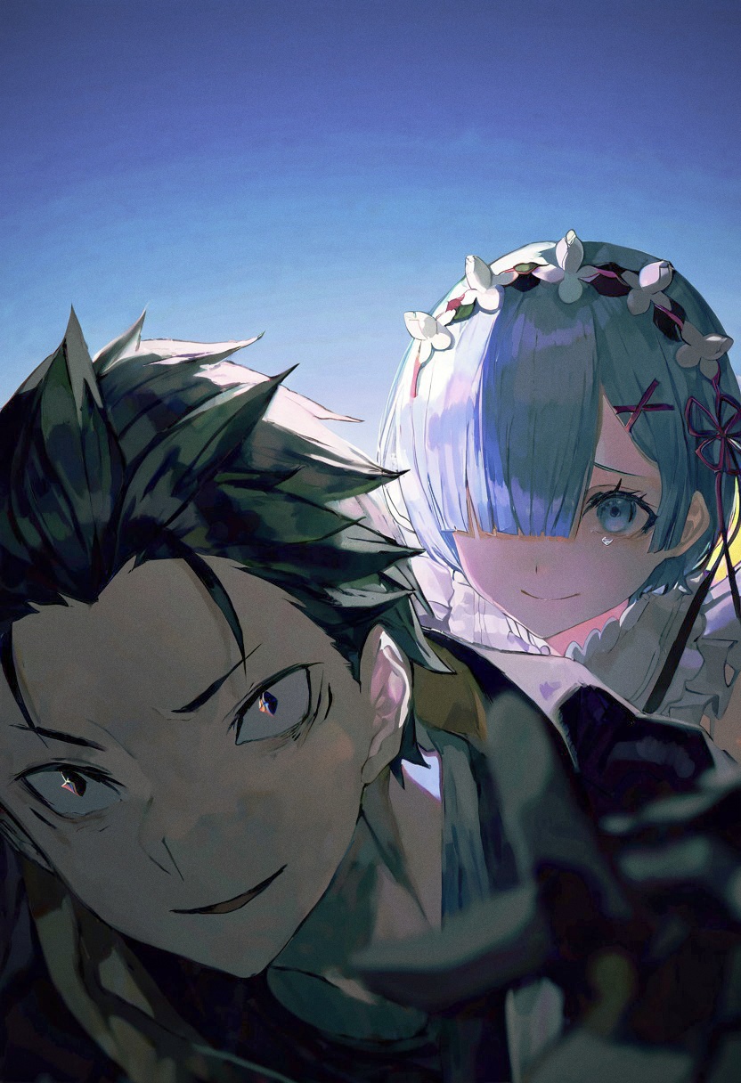 rem and natsuki subaru (re:zero kara hajimeru isekai seikatsu) drawn by f/luck