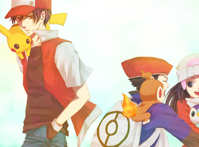 pikachu, dawn, red, piplup, lucas, and 1 more (pokemon and 3 more) drawn by ichiko365