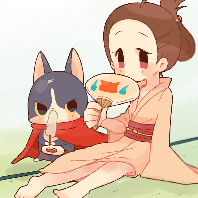 fuyunyan and amano yukiko (youkai watch and 1 more) drawn by chiyoko_(oman1229)