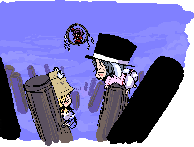 moriya suwako, inaba tewi, and yasaka kanako (touhou) drawn by baku_taso