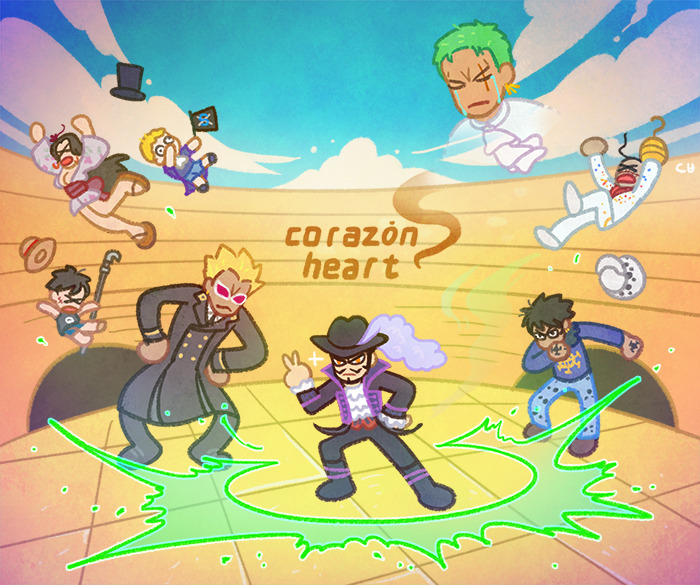 monkey d. luffy, roronoa zoro, trafalgar law, boa hancock, donquixote doflamingo, and 3 more (one piece) drawn by pikaole
