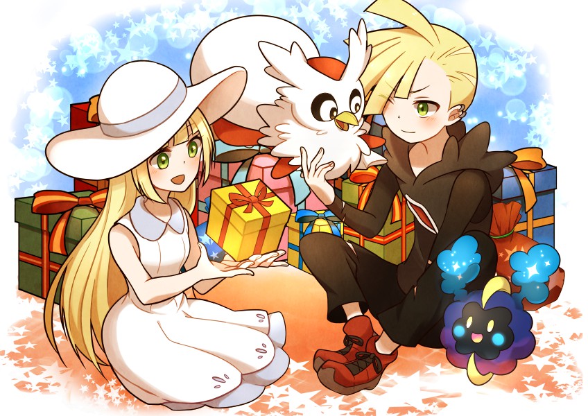 lillie, gladion, cosmog, and delibird (pokemon and 1 more) drawn by biseibutu