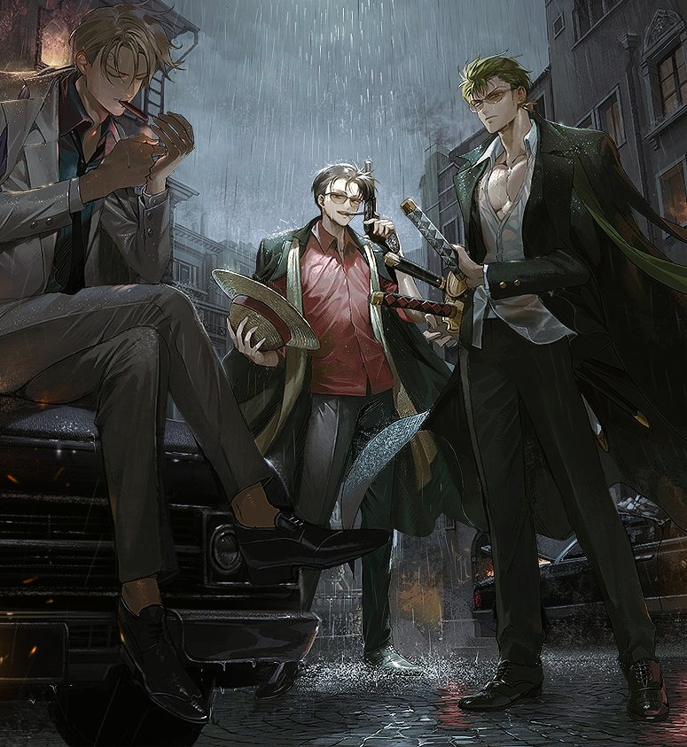 monkey d. luffy, roronoa zoro, and sanji (one piece) drawn by runa_(nori31291404)