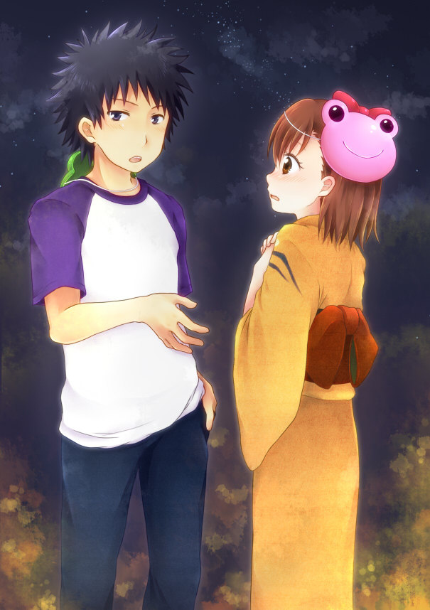 misaka mikoto, kamijou touma, gekota, and pyonko (toaru majutsu no index and 1 more) drawn by nae_(rno)