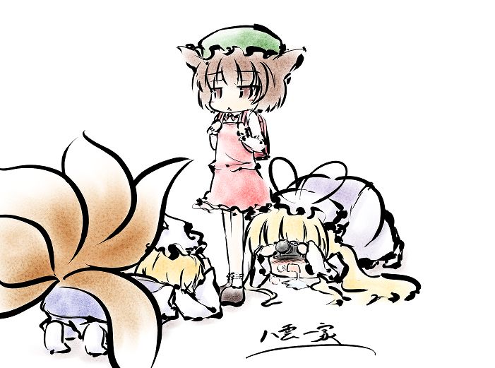 yakumo yukari, yakumo ran, and chen (touhou) drawn by demupausagi