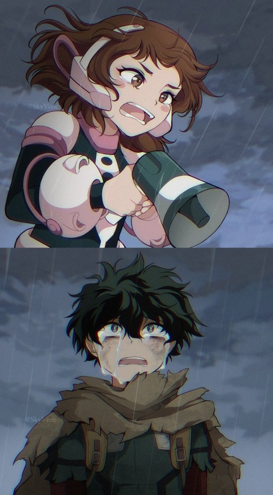 midoriya izuku and uraraka ochaco (boku no hero academia) drawn by skyvixie