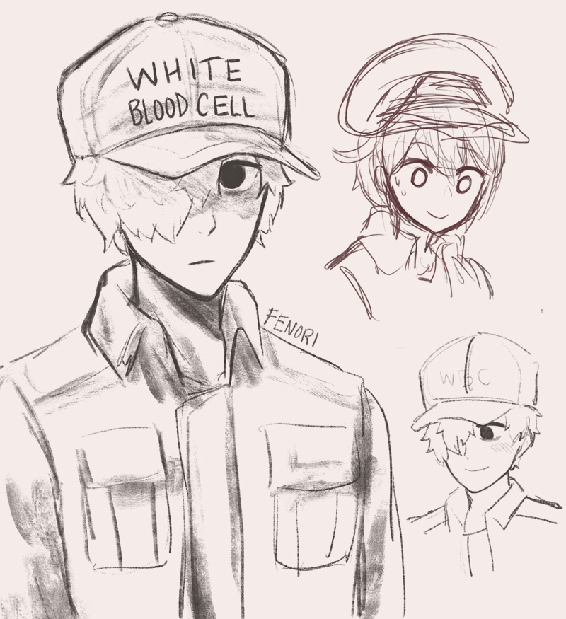 white blood cell, red blood cell, ae-3803, and u-1146 (hataraku saibou) drawn by fenori