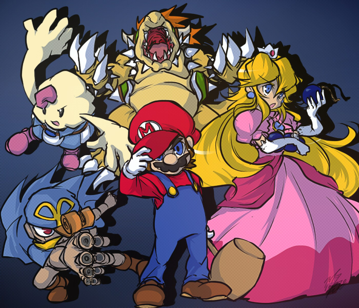 princess peach, mario, bowser, geno, and mallow (mario and 1 more) drawn by piu