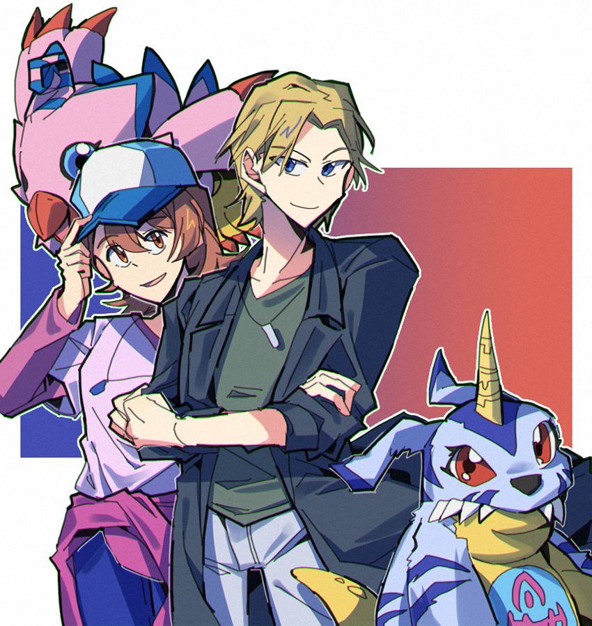takenouchi sora, ishida yamato, gabumon, and piyomon (digimon and 1 more) drawn by digibibim
