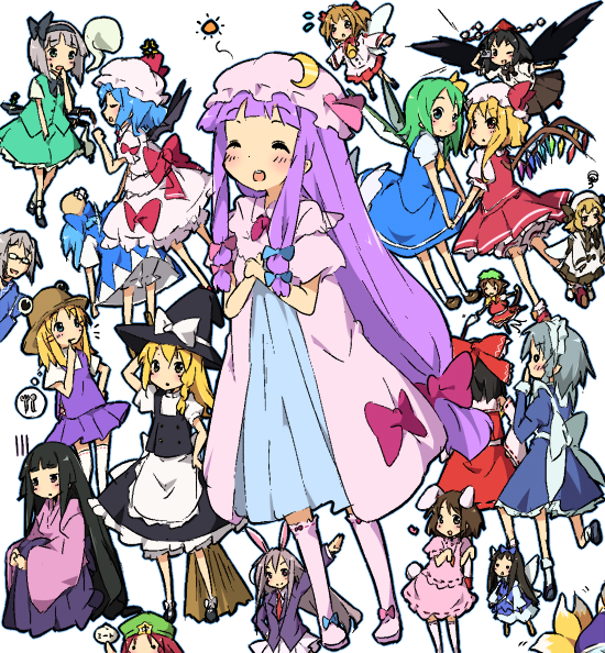 hakurei reimu, kirisame marisa, remilia scarlet, flandre scarlet, izayoi sakuya, and 15 more (touhou) drawn by kareha_aki