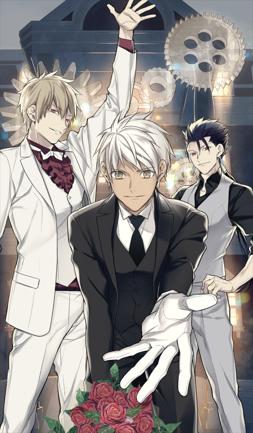 gilgamesh, cu chulainn, and archer (fate and 1 more) drawn by takarai_rihito