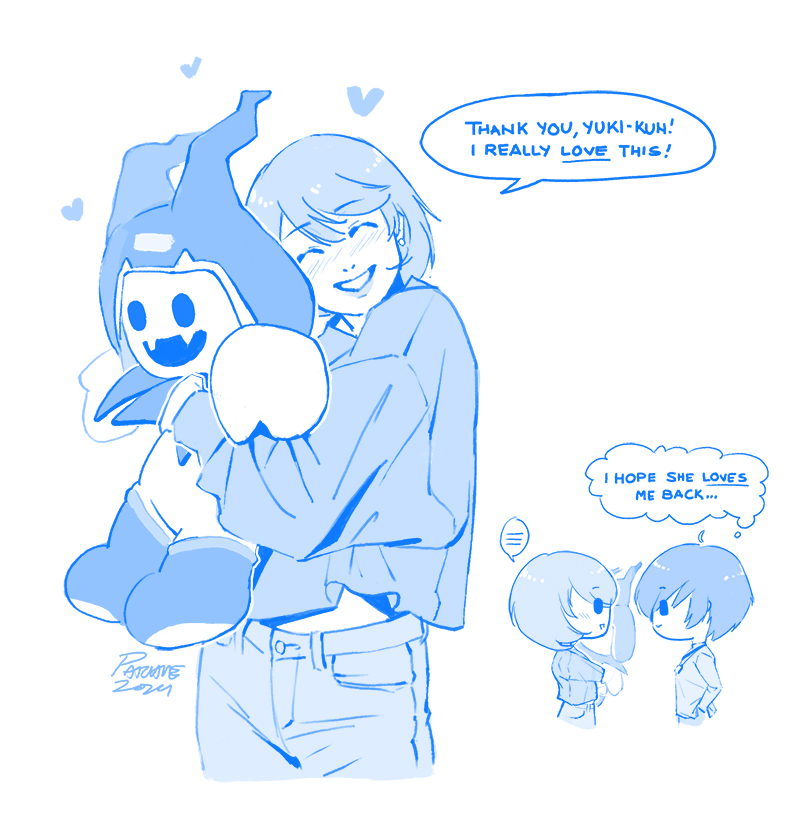 yuuki makoto, takeba yukari, and jack frost (persona and 1 more) drawn by paaaatchieee