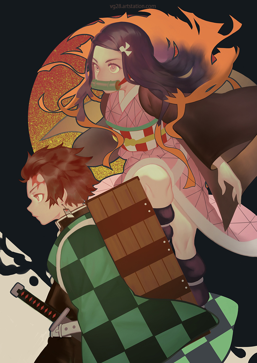 kamado nezuko and kamado tanjirou (kimetsu no yaiba) drawn by vandraws