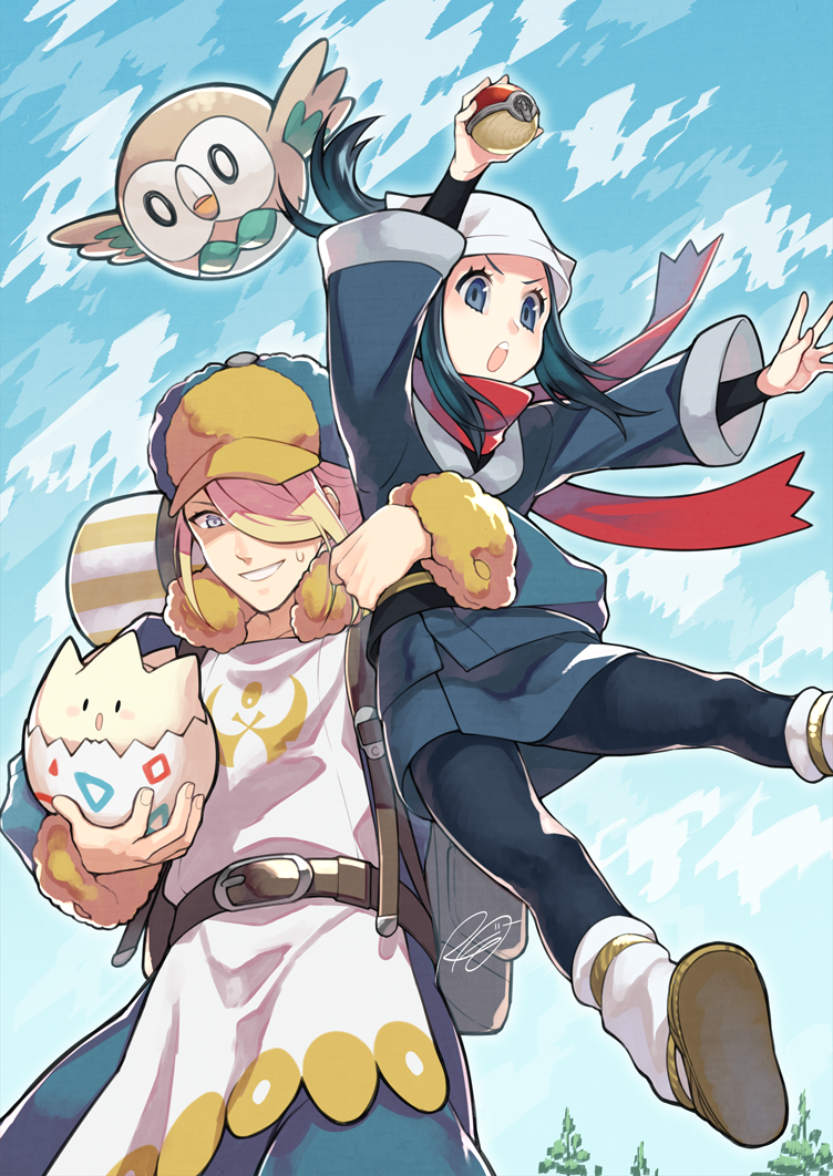 akari, rowlet, volo, and togepi (pokemon and 1 more) drawn by rkp