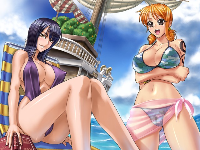 nami, nico robin, and going merry (one piece) drawn by kagami_hirotaka