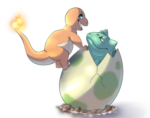 bulbasaur and charmander (pokemon and 1 more) drawn by drawfag