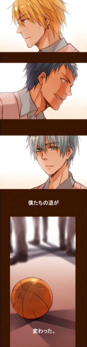 kuroko tetsuya, aomine daiki, and kise ryouta (kuroko no basuke) drawn by sleepy69