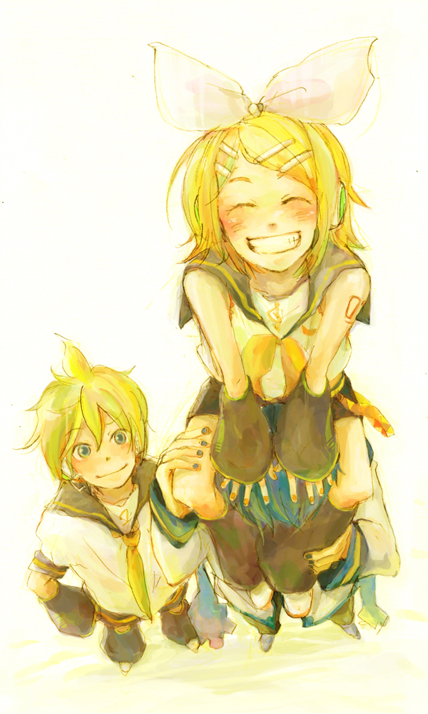 kagamine rin, kagamine len, and kaito (vocaloid) drawn by den